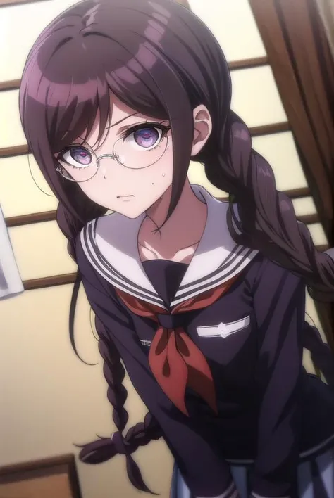 toukofukawa, <lora:touko fukawa s1-lora-nochekaiser:1>,
touko fukawa, long hair, bangs, brown hair, braid, glasses, mole, twin braids, mole under mouth, round eyewear, (brown eyes:1.3),
BREAK skirt, shirt, long sleeves, school uniform, serafuku, sailor collar, neckerchief, black shirt, red neckerchief,
BREAK indoors, classroom,
BREAK looking at viewer, (cowboy shot:1.5),
BREAK <lyco:GoodHands-beta2:1>, (masterpiece:1.2), best quality, high resolution, unity 8k wallpaper, (illustration:0.8), (beautiful detailed eyes:1.6), extremely detailed face, perfect lighting, extremely detailed CG, (perfect hands, perfect anatomy),