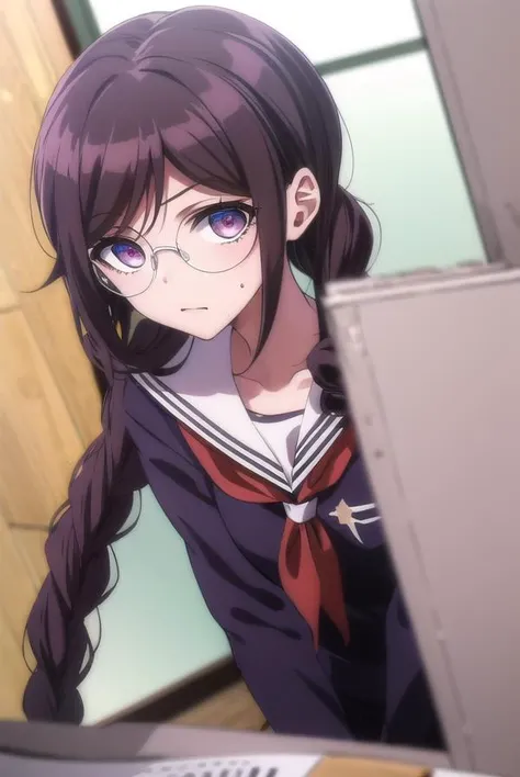 toukofukawa, <lora:touko fukawa s1-lora-nochekaiser:1>,
touko fukawa, long hair, bangs, brown hair, braid, glasses, mole, twin braids, mole under mouth, round eyewear, (brown eyes:1.3),
BREAK skirt, shirt, long sleeves, school uniform, serafuku, sailor collar, neckerchief, black shirt, red neckerchief,
BREAK indoors, classroom,
BREAK looking at viewer, (cowboy shot:1.5),
BREAK <lyco:GoodHands-beta2:1>, (masterpiece:1.2), best quality, high resolution, unity 8k wallpaper, (illustration:0.8), (beautiful detailed eyes:1.6), extremely detailed face, perfect lighting, extremely detailed CG, (perfect hands, perfect anatomy),