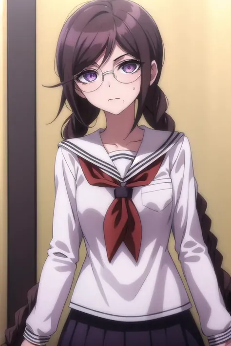 toukofukawa, <lora:touko fukawa s1-lora-nochekaiser:1>,
touko fukawa, long hair, bangs, brown hair, braid, glasses, mole, twin braids, mole under mouth, round eyewear, (brown eyes:1.3),
BREAK skirt, shirt, long sleeves, school uniform, serafuku, sailor collar, neckerchief, black shirt, red neckerchief,
BREAK indoors, classroom,
BREAK looking at viewer, (cowboy shot:1.5),
BREAK <lyco:GoodHands-beta2:1>, (masterpiece:1.2), best quality, high resolution, unity 8k wallpaper, (illustration:0.8), (beautiful detailed eyes:1.6), extremely detailed face, perfect lighting, extremely detailed CG, (perfect hands, perfect anatomy),