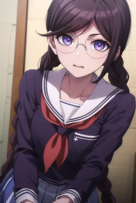 toukofukawa, <lora:touko fukawa s1-lora-nochekaiser:1>,
touko fukawa, long hair, bangs, brown hair, braid, glasses, mole, twin braids, mole under mouth, round eyewear, (brown eyes:1.3),
BREAK skirt, shirt, long sleeves, school uniform, serafuku, sailor collar, neckerchief, black shirt, red neckerchief,
BREAK indoors, classroom,
BREAK looking at viewer, (cowboy shot:1.5),
BREAK <lyco:GoodHands-beta2:1>, (masterpiece:1.2), best quality, high resolution, unity 8k wallpaper, (illustration:0.8), (beautiful detailed eyes:1.6), extremely detailed face, perfect lighting, extremely detailed CG, (perfect hands, perfect anatomy),