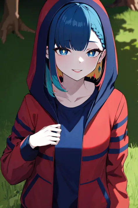 masterpiece, best quality, highres, rim, multicolored eyes, yellow pupils, jewelry, earrings, jacket, blue hair, braid, colored inner hair, red inner hair, open jacket, shirt, short hair, open clothes, hood up, long sleeves, red jacket, blue shirt, bangs, parted lips, hooded jacket, yellow eyes, gradient eyes, blue eyes,  <lora:RIMLoha_v2:0.7>, outdoors, filed, grass, cowboy shot, smile,