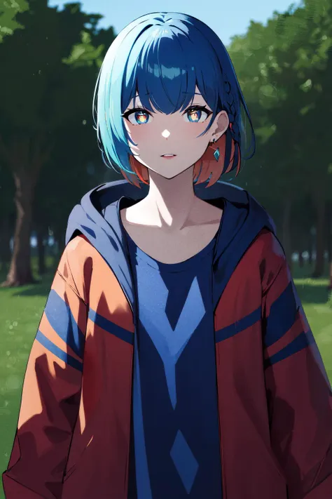 masterpiece, best quality, highres, rim, multicolored eyes, yellow pupils, jewelry, earrings, jacket, (blue hair:1.3), braid, colored inner hair, red inner hair, open jacket, shirt, short hair, open clothes, hood, long sleeves, red jacket, blue shirt, bangs, parted lips, hooded jacket, yellow eyes, gradient eyes, blue eyes,  <lora:RIMLoha_v2:0.7>, outdoors, filed, grass, cowboy shot,