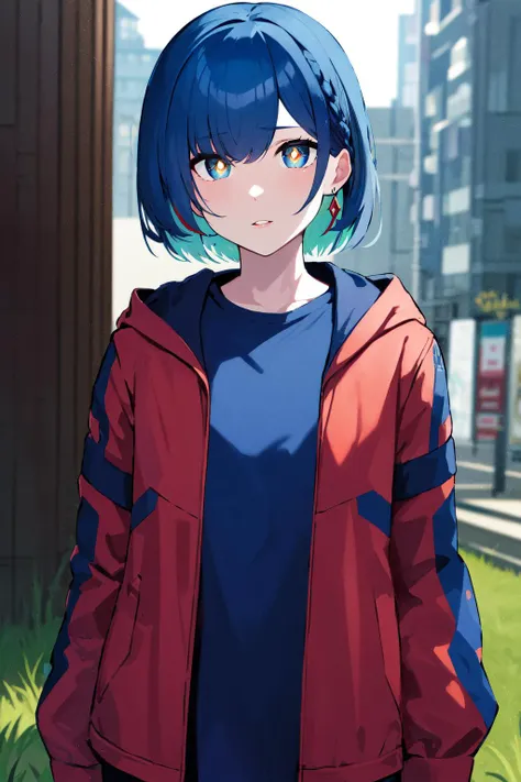 masterpiece, best quality, highres, rim, multicolored eyes, yellow pupils, jewelry, earrings, jacket, (blue hair:1.3), braid, colored inner hair, red inner hair, open jacket, shirt, short hair, open clothes, hood, long sleeves, red jacket, blue shirt, bangs, parted lips, hooded jacket, yellow eyes, gradient eyes, blue eyes,  <lora:RIMLoha_v2:0.7>, outdoors, filed, grass, cowboy shot,