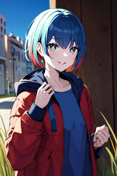 masterpiece, best quality, highres, rim, multicolored eyes, yellow pupils, jewelry, earrings, jacket, blue hair, braid, colored inner hair, red inner hair, open jacket, shirt, short hair, open clothes, long sleeves, red jacket, blue shirt, bangs, parted lips, hooded jacket, yellow eyes, gradient eyes, blue eyes,  <lora:RIMLoha_v2:0.6>, outdoors, filed, grass, cowboy shot, smile,