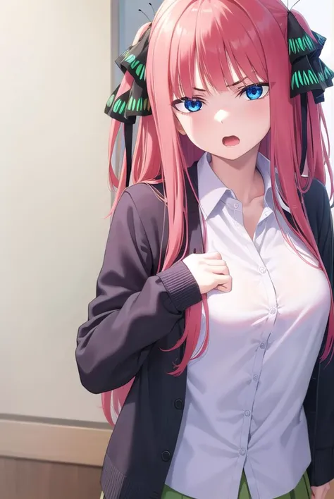 ninonakano, <lora:ninonakano-lora-nochekaiser:1>,
nino nakano, long hair, bangs, blue eyes, hair ornament, hair ribbon, pink hair, blunt bangs, two side up, butterfly hair ornament, <lora:gekioko_v200:1>, angry, open mouth,
BREAK skirt, shirt, long sleeves, white shirt, pleated skirt, open clothes, collared shirt, sleeves past wrists, dress shirt, cardigan, green skirt, open cardigan, black cardigan,,
BREAK indoors, classroom, school,
BREAK looking at viewer,
BREAK <lyco:GoodHands-beta2:1>, (masterpiece:1.2), best quality, high resolution, unity 8k wallpaper, (illustration:0.8), (beautiful detailed eyes:1.6), extremely detailed face, perfect lighting, extremely detailed CG, (perfect hands, perfect anatomy),