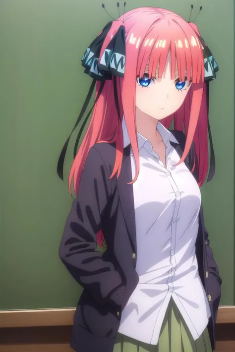 ninonakano, <lora:ninonakanospecial-lora-nochekaiser:1>,
nino nakano, long hair, bangs, blue eyes, hair ornament, hair ribbon, pink hair, blunt bangs, two side up, butterfly hair ornament,
BREAK skirt, shirt, long sleeves, white shirt, pleated skirt, open clothes, collared shirt, sleeves past wrists, dress shirt, cardigan, green skirt, open cardigan, black cardigan,
BREAK indoors, classroom,
BREAK looking at viewer, (cowboy shot:1.5),
BREAK <lyco:GoodHands-beta2:1>, (masterpiece:1.2), best quality, high resolution, unity 8k wallpaper, (illustration:0.8), (beautiful detailed eyes:1.6), extremely detailed face, perfect lighting, extremely detailed CG, (perfect hands, perfect anatomy),