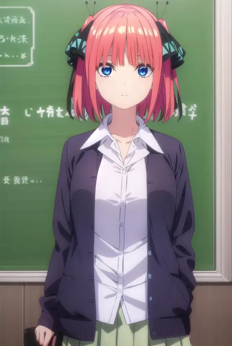 ninonakano, <lora:ninonakanospecial-lora-nochekaiser:1>,
nino nakano, short hair, bangs, blue eyes, hair ornament, hair ribbon, pink hair, blunt bangs, two side up, butterfly hair ornament,
BREAK skirt, shirt, long sleeves, white shirt, pleated skirt, open clothes, collared shirt, sleeves past wrists, dress shirt, cardigan, green skirt, open cardigan, black cardigan,
BREAK indoors, classroom,
BREAK looking at viewer, (cowboy shot:1.5),
BREAK <lyco:GoodHands-beta2:1>, (masterpiece:1.2), best quality, high resolution, unity 8k wallpaper, (illustration:0.8), (beautiful detailed eyes:1.6), extremely detailed face, perfect lighting, extremely detailed CG, (perfect hands, perfect anatomy),