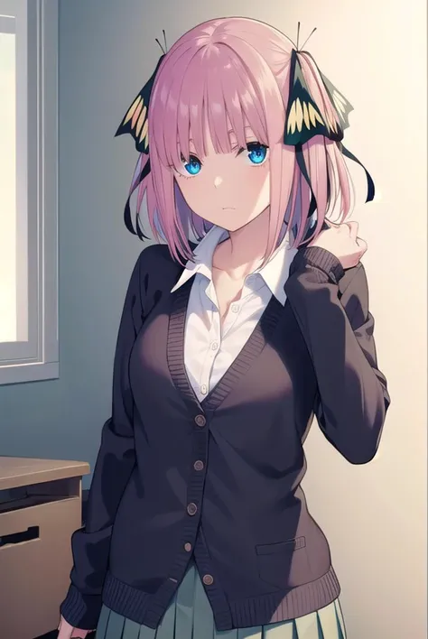ninonakano, <lora:ninonakanochickeiii-lora-nochekaiser:1>,
nino nakano chickeiii, short hair, bangs, blue eyes, hair ornament, hair ribbon, pink hair, blunt bangs, two side up, butterfly hair ornament,
BREAK skirt, shirt, long sleeves, white shirt, pleated skirt, open clothes, collared shirt, sleeves past wrists, dress shirt, cardigan, green skirt, open cardigan, purple cardigan,
BREAK indoors, classroom, school,
BREAK looking at viewer,
BREAK <lyco:GoodHands-beta2:1>, (masterpiece:1.2), best quality, high resolution, unity 8k wallpaper, (illustration:0.8), (beautiful detailed eyes:1.6), extremely detailed face, perfect lighting, extremely detailed CG, (perfect hands, perfect anatomy),