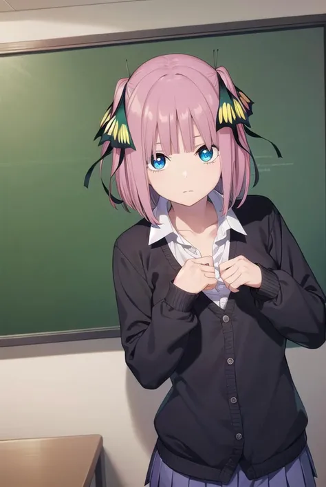 ninonakano, <lora:ninonakanochickeiii-lora-nochekaiser:1>,
nino nakano chickeiii, short hair, bangs, blue eyes, hair ornament, hair ribbon, pink hair, blunt bangs, two side up, butterfly hair ornament,
BREAK skirt, shirt, long sleeves, white shirt, pleated skirt, open clothes, collared shirt, sleeves past wrists, dress shirt, cardigan, green skirt, open cardigan, purple cardigan,
BREAK indoors, classroom, school,
BREAK looking at viewer,
BREAK <lyco:GoodHands-beta2:1>, (masterpiece:1.2), best quality, high resolution, unity 8k wallpaper, (illustration:0.8), (beautiful detailed eyes:1.6), extremely detailed face, perfect lighting, extremely detailed CG, (perfect hands, perfect anatomy),