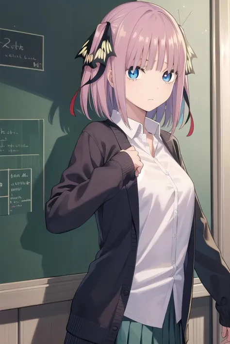 ninonakano, <lora:ninonakanochickeiii-lora-nochekaiser:1>,
nino nakano chickeiii, short hair, bangs, blue eyes, hair ornament, hair ribbon, pink hair, blunt bangs, two side up, butterfly hair ornament,
BREAK skirt, shirt, long sleeves, white shirt, pleated skirt, open clothes, collared shirt, sleeves past wrists, dress shirt, cardigan, green skirt, open cardigan, purple cardigan,
BREAK indoors, classroom, school,
BREAK looking at viewer,
BREAK <lyco:GoodHands-beta2:1>, (masterpiece:1.2), best quality, high resolution, unity 8k wallpaper, (illustration:0.8), (beautiful detailed eyes:1.6), extremely detailed face, perfect lighting, extremely detailed CG, (perfect hands, perfect anatomy),