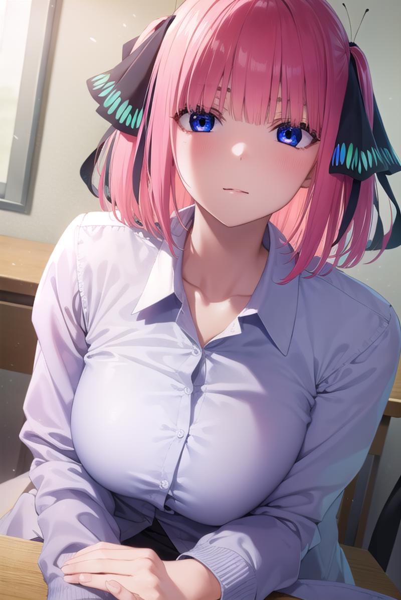 Anime girl with pink hair and blue eyes sitting at a table - SeaArt AI