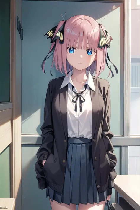 ninonakano, <lora:ninonakanochickeiii-lora-nochekaiser:1>,
nino nakano chickeiii, short hair, bangs, blue eyes, hair ornament, hair ribbon, pink hair, blunt bangs, two side up, butterfly hair ornament,
BREAK skirt, shirt, long sleeves, white shirt, pleated skirt, open clothes, collared shirt, sleeves past wrists, dress shirt, cardigan, green skirt, open cardigan, black cardigan,,
BREAK indoors, classroom, school,
BREAK looking at viewer,
BREAK <lyco:GoodHands-beta2:1>, (masterpiece:1.2), best quality, high resolution, unity 8k wallpaper, (illustration:0.8), (beautiful detailed eyes:1.6), extremely detailed face, perfect lighting, extremely detailed CG, (perfect hands, perfect anatomy),