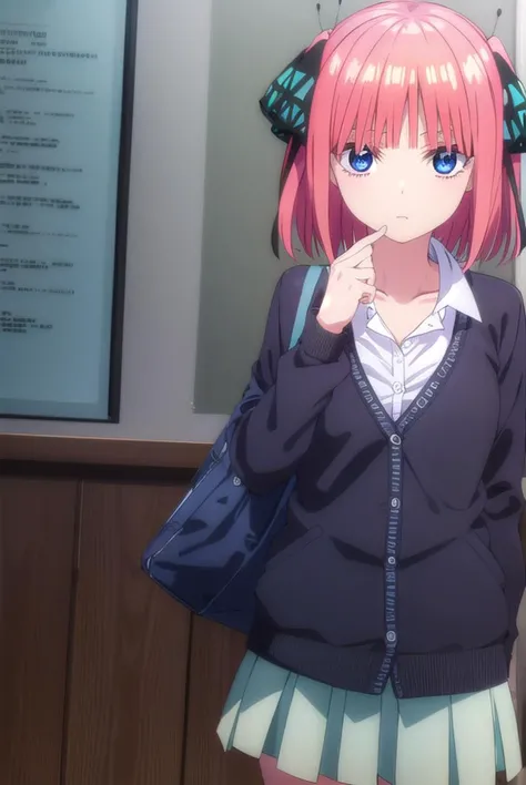 ninonakano, <lora:ninonakanospecial-lora-nochekaiser:1>,
nino nakano, short hair, bangs, blue eyes, hair ornament, hair ribbon, pink hair, blunt bangs, two side up, butterfly hair ornament,
BREAK skirt, shirt, long sleeves, white shirt, pleated skirt, open clothes, collared shirt, sleeves past wrists, dress shirt, cardigan, green skirt, open cardigan, black cardigan,
BREAK indoors, classroom,
BREAK looking at viewer, (cowboy shot:1.5),
BREAK <lyco:GoodHands-beta2:1>, (masterpiece:1.2), best quality, high resolution, unity 8k wallpaper, (illustration:0.8), (beautiful detailed eyes:1.6), extremely detailed face, perfect lighting, extremely detailed CG, (perfect hands, perfect anatomy),