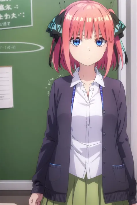 ninonakano, <lora:ninonakanospecial-lora-nochekaiser:1>,
nino nakano, short hair, bangs, blue eyes, hair ornament, hair ribbon, pink hair, blunt bangs, two side up, butterfly hair ornament,
BREAK skirt, shirt, long sleeves, white shirt, pleated skirt, open clothes, collared shirt, sleeves past wrists, dress shirt, cardigan, green skirt, open cardigan, black cardigan,
BREAK indoors, classroom,
BREAK looking at viewer, (cowboy shot:1.5),
BREAK <lyco:GoodHands-beta2:1>, (masterpiece:1.2), best quality, high resolution, unity 8k wallpaper, (illustration:0.8), (beautiful detailed eyes:1.6), extremely detailed face, perfect lighting, extremely detailed CG, (perfect hands, perfect anatomy),