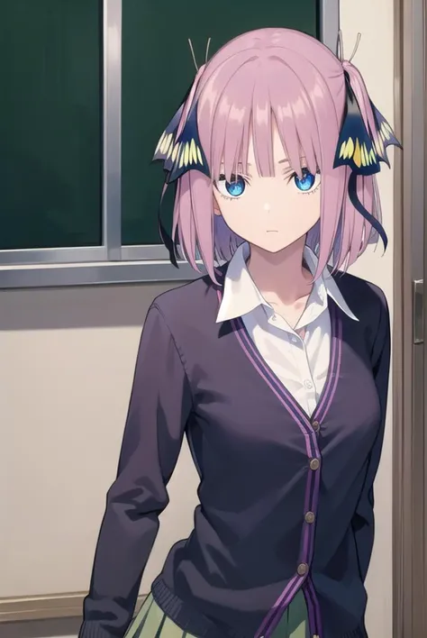 ninonakano, <lora:ninonakanochickeiii-lora-nochekaiser:1>,
nino nakano chickeiii, short hair, bangs, blue eyes, hair ornament, hair ribbon, pink hair, blunt bangs, two side up, butterfly hair ornament,
BREAK skirt, shirt, long sleeves, white shirt, pleated skirt, open clothes, collared shirt, sleeves past wrists, dress shirt, cardigan, green skirt, open cardigan, purple cardigan,
BREAK indoors, classroom, school,
BREAK looking at viewer,
BREAK <lyco:GoodHands-beta2:1>, (masterpiece:1.2), best quality, high resolution, unity 8k wallpaper, (illustration:0.8), (beautiful detailed eyes:1.6), extremely detailed face, perfect lighting, extremely detailed CG, (perfect hands, perfect anatomy),