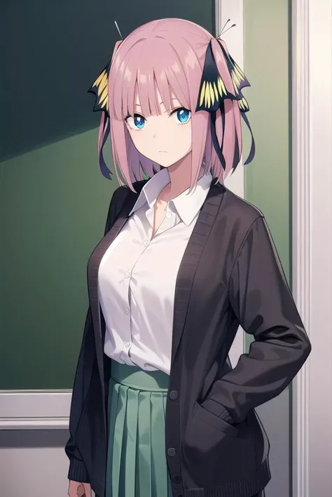 ninonakano, <lora:ninonakanochickeiii-lora-nochekaiser:1>,
nino nakano chickeiii, short hair, bangs, blue eyes, hair ornament, hair ribbon, pink hair, blunt bangs, two side up, butterfly hair ornament,
BREAK skirt, shirt, long sleeves, white shirt, pleated skirt, open clothes, collared shirt, sleeves past wrists, dress shirt, cardigan, green skirt, open cardigan, purple cardigan,
BREAK indoors, classroom, school,
BREAK looking at viewer,
BREAK <lyco:GoodHands-beta2:1>, (masterpiece:1.2), best quality, high resolution, unity 8k wallpaper, (illustration:0.8), (beautiful detailed eyes:1.6), extremely detailed face, perfect lighting, extremely detailed CG, (perfect hands, perfect anatomy),
