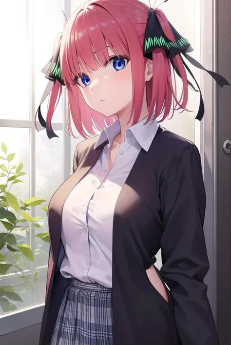 ninonakano, <lora:ninonakano-lora-nochekaiser:1>,
nino nakano, short hair, bangs, blue eyes, hair ornament, hair ribbon, pink hair, blunt bangs, two side up, butterfly hair ornament,
BREAK skirt, shirt, long sleeves, white shirt, pleated skirt, open clothes, collared shirt, sleeves past wrists, dress shirt, cardigan, green skirt, open cardigan, black cardigan,,
BREAK indoors, classroom, school,
BREAK looking at viewer,
BREAK <lyco:GoodHands-beta2:1>, (masterpiece:1.2), best quality, high resolution, unity 8k wallpaper, (illustration:0.8), (beautiful detailed eyes:1.6), extremely detailed face, perfect lighting, extremely detailed CG, (perfect hands, perfect anatomy),