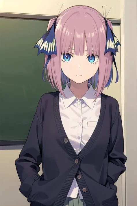 ninonakano, <lora:ninonakanochickeiii-lora-nochekaiser:1>,
nino nakano chickeiii, short hair, bangs, blue eyes, hair ornament, hair ribbon, pink hair, blunt bangs, two side up, butterfly hair ornament,
BREAK skirt, shirt, long sleeves, white shirt, pleated skirt, open clothes, collared shirt, sleeves past wrists, dress shirt, cardigan, green skirt, open cardigan, purple cardigan,
BREAK indoors, classroom, school,
BREAK looking at viewer,
BREAK <lyco:GoodHands-beta2:1>, (masterpiece:1.2), best quality, high resolution, unity 8k wallpaper, (illustration:0.8), (beautiful detailed eyes:1.6), extremely detailed face, perfect lighting, extremely detailed CG, (perfect hands, perfect anatomy),