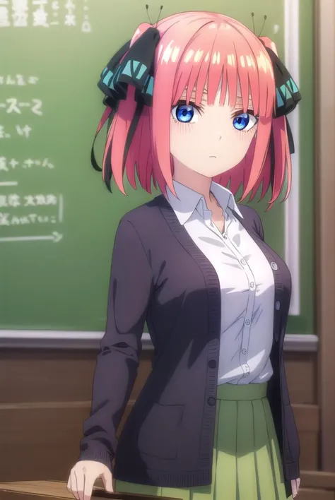 ninonakano, <lora:ninonakanospecial-lora-nochekaiser:1>,
nino nakano, short hair, bangs, blue eyes, hair ornament, hair ribbon, pink hair, blunt bangs, two side up, butterfly hair ornament,
BREAK skirt, shirt, long sleeves, white shirt, pleated skirt, open clothes, collared shirt, sleeves past wrists, dress shirt, cardigan, green skirt, open cardigan, black cardigan,
BREAK indoors, classroom,
BREAK looking at viewer, (cowboy shot:1.5),
BREAK <lyco:GoodHands-beta2:1>, (masterpiece:1.2), best quality, high resolution, unity 8k wallpaper, (illustration:0.8), (beautiful detailed eyes:1.6), extremely detailed face, perfect lighting, extremely detailed CG, (perfect hands, perfect anatomy),