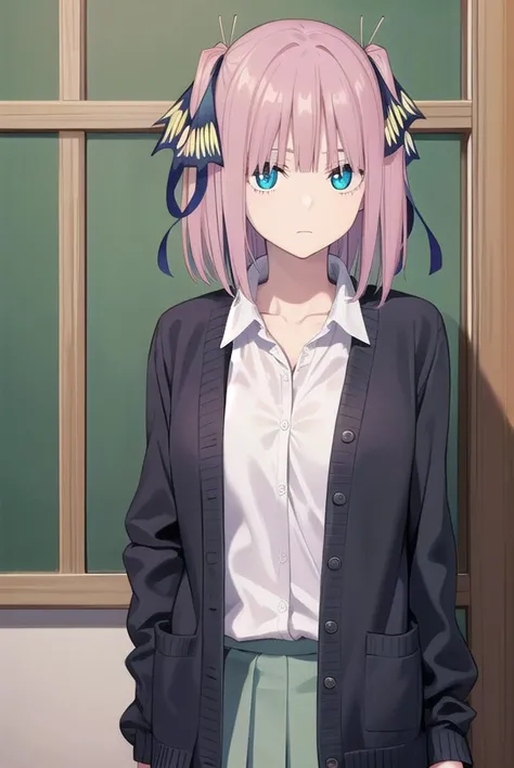 ninonakano, <lora:ninonakanochickeiii-lora-nochekaiser:1>,
nino nakano chickeiii, short hair, bangs, blue eyes, hair ornament, hair ribbon, pink hair, blunt bangs, two side up, butterfly hair ornament,
BREAK skirt, shirt, long sleeves, white shirt, pleated skirt, open clothes, collared shirt, sleeves past wrists, dress shirt, cardigan, green skirt, open cardigan, purple cardigan,
BREAK indoors, classroom, school,
BREAK looking at viewer,
BREAK <lyco:GoodHands-beta2:1>, (masterpiece:1.2), best quality, high resolution, unity 8k wallpaper, (illustration:0.8), (beautiful detailed eyes:1.6), extremely detailed face, perfect lighting, extremely detailed CG, (perfect hands, perfect anatomy),
