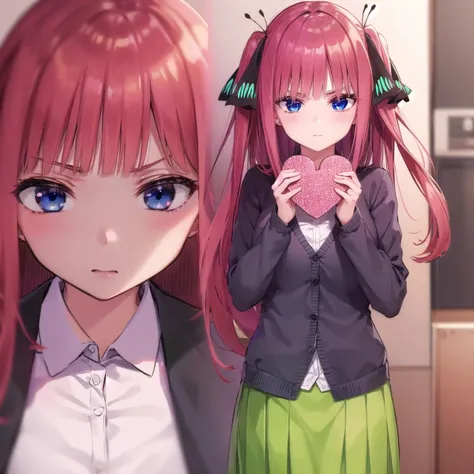 ninonakano, <lora:ninonakano-lora-nochekaiser:1>,
nino nakano, long hair, bangs, blue eyes, hair ornament, hair ribbon, pink hair, blunt bangs, two side up, butterfly hair ornament, angry, frown, blush,
BREAK skirt, shirt, long sleeves, white shirt, pleated skirt, open clothes, collared shirt, sleeves past wrists, dress shirt, cardigan, green skirt, open cardigan, black cardigan,
BREAK <lora:Valentine_v1:1>, love, valentine, heart, flower, light particles, lens flare, chocolates, box of chocolates, heart-shaped chocolate, gift box,
BREAK looking at viewer, (cowboy shot:1.5),
BREAK <lyco:GoodHands-beta2:1>, (masterpiece:1.2), best quality, high resolution, unity 8k wallpaper, (illustration:0.8), (beautiful detailed eyes:1.6), extremely detailed face, perfect lighting, extremely detailed CG, (perfect hands, perfect anatomy),