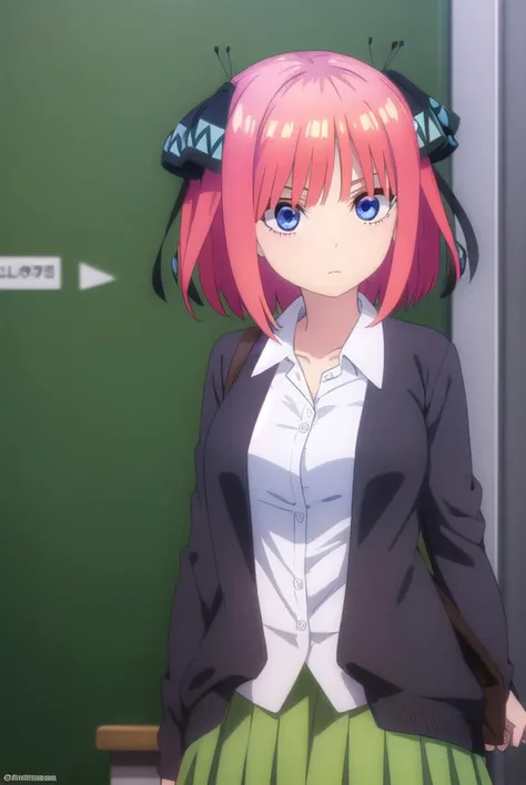 ninonakano, <lora:ninonakanospecial-lora-nochekaiser:1>,
nino nakano, short hair, bangs, blue eyes, hair ornament, hair ribbon, pink hair, blunt bangs, two side up, butterfly hair ornament,
BREAK skirt, shirt, long sleeves, white shirt, pleated skirt, open clothes, collared shirt, sleeves past wrists, dress shirt, cardigan, green skirt, open cardigan, black cardigan,
BREAK indoors, classroom,
BREAK looking at viewer, (cowboy shot:1.5),
BREAK <lyco:GoodHands-beta2:1>, (masterpiece:1.2), best quality, high resolution, unity 8k wallpaper, (illustration:0.8), (beautiful detailed eyes:1.6), extremely detailed face, perfect lighting, extremely detailed CG, (perfect hands, perfect anatomy),