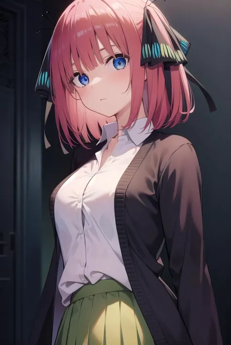ninonakano, <lora:ninonakanotest:1>, nino nakano, short hair, bangs, blue eyes, hair ornament, hair ribbon, pink hair, blunt bangs, two side up, butterfly hair ornament, BREAK skirt, shirt, long sleeves, white shirt, pleated skirt, open clothes, collared shirt, sleeves past wrists, dress shirt, cardigan, green skirt, open cardigan, black cardigan,, BREAK indoors, classroom, school, BREAK looking at viewer, BREAK <lora:GoodHands-vanilla:1>, (masterpiece:1.2), best quality, high resolution, unity 8k wallpaper, (illustration:0.8), (beautiful detailed eyes:1.6), extremely detailed face, perfect lighting, extremely detailed CG, (perfect hands, perfect anatomy),