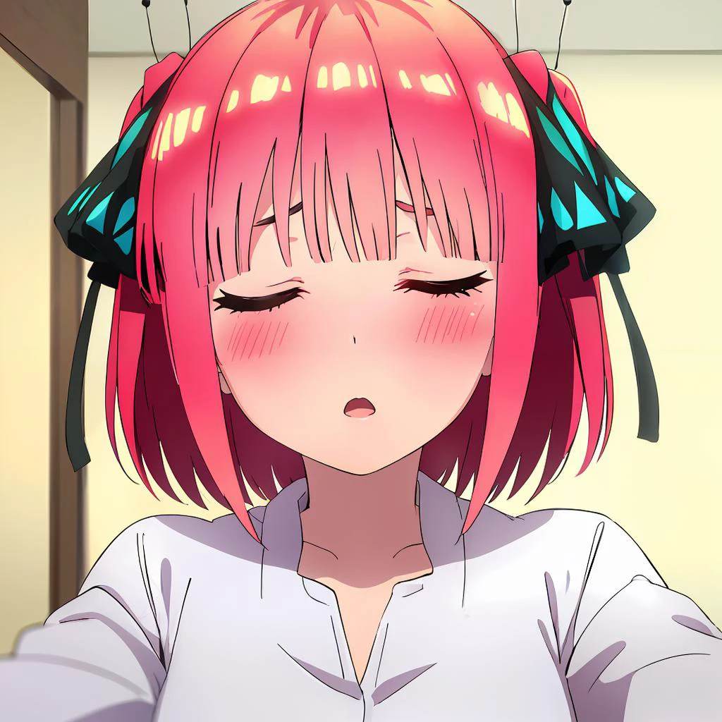 ((upper body, close-up, face, pov face )) <lora:nino nakano s2-lora-nochekaiser:0.8> nino nakano, short hair, bangs, hair ornament, hair ribbon, pink hair, blunt bangs, two side up, butterfly hair ornament,, s ((closed eyes, blush), white shirt, <lora:incoming_kiss:0.8> incoming kiss, open mouth,
