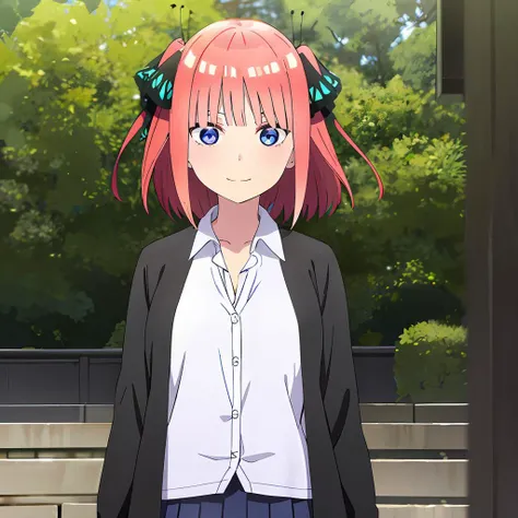 upper body, <lora:nino nakano s2-lora-nochekaiser:0.8> nino nakano, short hair, bangs, blue eyes, hair ornament, hair ribbon, pink hair, blunt bangs, two side up, butterfly hair ornament,, skirt, shirt, long sleeves, white shirt, pleated skirt, open clothes, collared shirt, sleeves past wrists, dress shirt, cardigan, green skirt, open cardigan, black cardigan,,  (arms behind back), smile