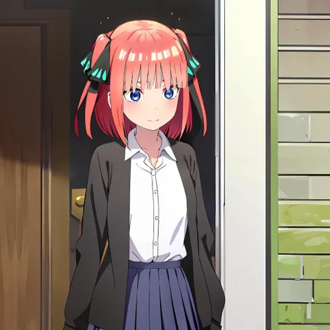 upper body, <lora:nino nakano s2-lora-nochekaiser:0.8> nino nakano, short hair, bangs, blue eyes, hair ornament, hair ribbon, pink hair, blunt bangs, two side up, butterfly hair ornament,, skirt, shirt, long sleeves, white shirt, pleated skirt, open clothes, collared shirt, sleeves past wrists, dress shirt, cardigan, green skirt, open cardigan, black cardigan,,  entering house, door, open mouth, smile, blush