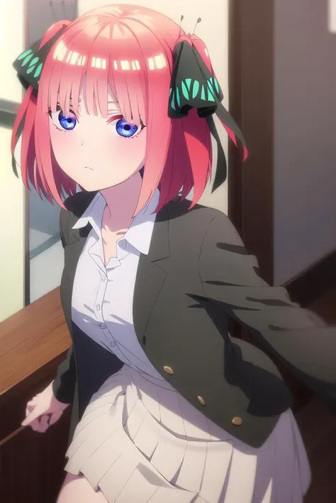 ninonakano, <lora:nino nakano s2-lora-nochekaiser:1>,
nino nakano, short hair, bangs, blue eyes, hair ornament, hair ribbon, pink hair, blunt bangs, two side up, butterfly hair ornament,
BREAK skirt, shirt, long sleeves, white shirt, pleated skirt, open clothes, collared shirt, sleeves past wrists, dress shirt, cardigan, green skirt, open cardigan, black cardigan,
BREAK indoors, classroom,
BREAK looking at viewer,
BREAK <lyco:GoodHands-beta2:1>, (masterpiece:1.2), best quality, high resolution, unity 8k wallpaper, (illustration:0.8), (beautiful detailed eyes:1.6), extremely detailed face, perfect lighting, extremely detailed CG, (perfect hands, perfect anatomy),