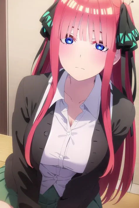 ninonakano, <lora:nino nakano s2-lora-nochekaiser:1>, 
nino nakano, long hair, bangs, blue eyes, hair ornament, hair ribbon, pink hair, blunt bangs, two side up, butterfly hair ornament,
BREAK skirt, shirt, long sleeves, white shirt, pleated skirt, open clothes, collared shirt, sleeves past wrists, dress shirt, cardigan, green skirt, open cardigan, black cardigan,
BREAK indoors, classroom,
BREAK looking at viewer,
BREAK <lyco:GoodHands-beta2:1>, (masterpiece:1.2), best quality, high resolution, unity 8k wallpaper, (illustration:0.8), (beautiful detailed eyes:1.6), extremely detailed face, perfect lighting, extremely detailed CG, (perfect hands, perfect anatomy),