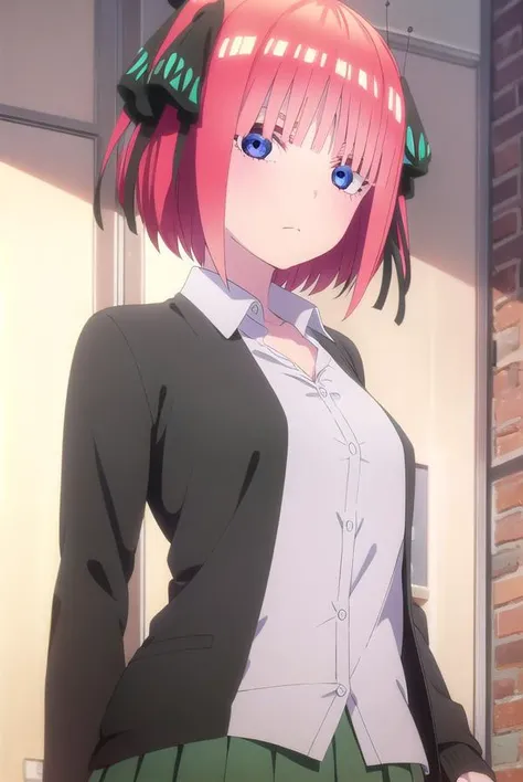 ninonakano, <lora:nino nakano s2-lora-nochekaiser:1>,
nino nakano, short hair, bangs, blue eyes, hair ornament, hair ribbon, pink hair, blunt bangs, two side up, butterfly hair ornament,
BREAK skirt, shirt, long sleeves, white shirt, pleated skirt, open clothes, collared shirt, sleeves past wrists, dress shirt, cardigan, green skirt, open cardigan, black cardigan,
BREAK indoors, classroom,
BREAK looking at viewer,
BREAK <lyco:GoodHands-beta2:1>, (masterpiece:1.2), best quality, high resolution, unity 8k wallpaper, (illustration:0.8), (beautiful detailed eyes:1.6), extremely detailed face, perfect lighting, extremely detailed CG, (perfect hands, perfect anatomy),