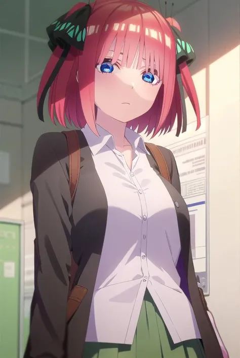 ninonakano, <lora:nino nakano s2-lora-nochekaiser:1>,
nino nakano, short hair, bangs, blue eyes, hair ornament, hair ribbon, pink hair, blunt bangs, two side up, butterfly hair ornament,
BREAK skirt, shirt, long sleeves, white shirt, pleated skirt, open clothes, collared shirt, sleeves past wrists, dress shirt, cardigan, green skirt, open cardigan, black cardigan,
BREAK indoors, classroom,
BREAK looking at viewer,
BREAK <lyco:GoodHands-beta2:1>, (masterpiece:1.2), best quality, high resolution, unity 8k wallpaper, (illustration:0.8), (beautiful detailed eyes:1.6), extremely detailed face, perfect lighting, extremely detailed CG, (perfect hands, perfect anatomy),