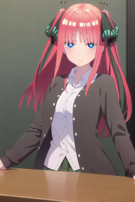 ninonakano, <lora:nino nakano s2-lora-nochekaiser:1>,
nino nakano, long hair, bangs, blue eyes, hair ornament, hair ribbon, pink hair, blunt bangs, two side up, butterfly hair ornament,
BREAK skirt, shirt, long sleeves, white shirt, pleated skirt, open clothes, collared shirt, sleeves past wrists, dress shirt, cardigan, green skirt, open cardigan, black cardigan,
BREAK indoors, classroom,
BREAK looking at viewer,
BREAK <lyco:GoodHands-beta2:1>, (masterpiece:1.2), best quality, high resolution, unity 8k wallpaper, (illustration:0.8), (beautiful detailed eyes:1.6), extremely detailed face, perfect lighting, extremely detailed CG, (perfect hands, perfect anatomy),