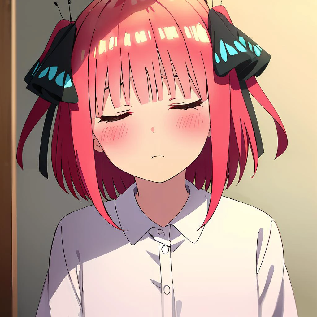 ((upper body, close-up, )) <lora:nino nakano s2-lora-nochekaiser:0.8> nino nakano, short hair, bangs, hair ornament, hair ribbon, pink hair, blunt bangs, two side up, butterfly hair ornament,, s ((closed eyes, blush), white shirt, <lora:incoming_kiss:0.8> incoming kiss