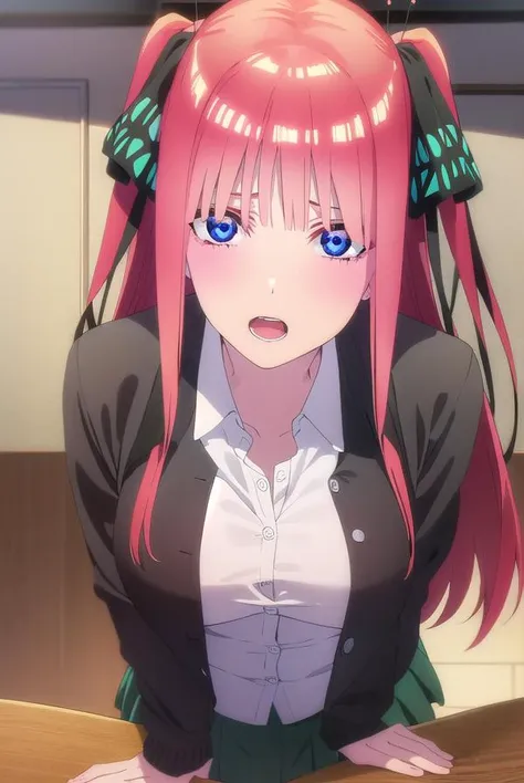 ninonakano, <lora:nino nakano s2-lora-nochekaiser:1>,
nino nakano, long hair, bangs, blue eyes, hair ornament, hair ribbon, pink hair, blunt bangs, two side up, butterfly hair ornament,
BREAK skirt, shirt, long sleeves, white shirt, pleated skirt, open clothes, collared shirt, sleeves past wrists, dress shirt, cardigan, green skirt, open cardigan, black cardigan,
BREAK indoors, classroom,
BREAK looking at viewer,
BREAK <lyco:GoodHands-beta2:1>, (masterpiece:1.2), best quality, high resolution, unity 8k wallpaper, (illustration:0.8), (beautiful detailed eyes:1.6), extremely detailed face, perfect lighting, extremely detailed CG, (perfect hands, perfect anatomy),