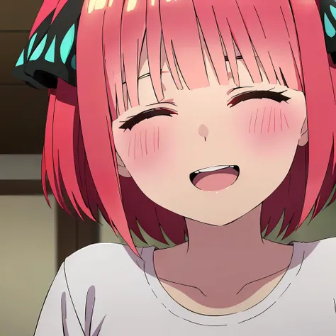 ((upper body, close-up, )) <lora:nino nakano s2-lora-nochekaiser:0.8> nino nakano, short hair, bangs, hair ornament, hair ribbon, pink hair, blunt bangs, two side up, butterfly hair ornament,, s ((closed eyes, smile, open mouth, blush), white shirt,
