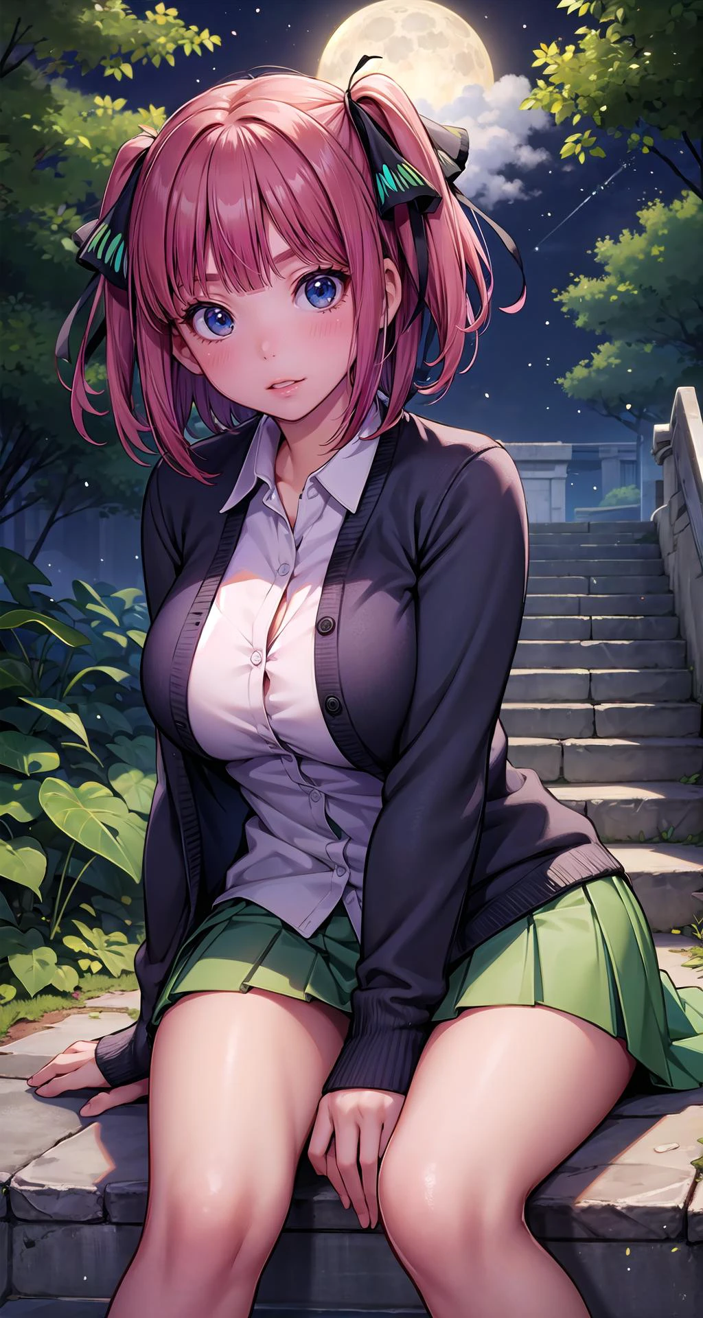 (masterpiece),(intricate details),1girl,mature female,brown eyes,Shaggy cut, ,huge breasts,thick thighs,plump,
BREAK
ninonakano, <lora:ninonakanotest:0.7>, nino nakano, short hair, bangs, blue eyes, hair ornament, hair ribbon, pink hair, blunt bangs, two side up, butterfly hair ornament, BREAK skirt, shirt, long sleeves, white shirt, pleated skirt, open clothes, collared shirt, sleeves past wrists, dress shirt, cardigan, green skirt, open cardigan, black cardigan,,
depth of field,looking at viewer,((sit on the school stairs)),((upper body))
BREAK
moon,night,Area_with_many_trees_and_vegetation,((cumulonimbus)),from below:1.1
