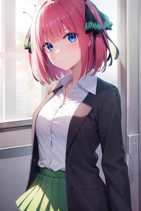 ninonakano, <lora:ninonakano-lora-nochekaiser:1>, 
nino nakano, short hair, bangs, blue eyes, hair ornament, hair ribbon, pink hair, blunt bangs, two side up, butterfly hair ornament,
BREAK skirt, shirt, long sleeves, white shirt, pleated skirt, open clothes, collared shirt, sleeves past wrists, dress shirt, cardigan, green skirt, open cardigan, black cardigan,,
BREAK indoors, classroom, school,
BREAK looking at viewer, 
BREAK <lyco:GoodHands-beta2:1>, (masterpiece:1.2), best quality, high resolution, unity 8k wallpaper, (illustration:0.8), (beautiful detailed eyes:1.6), extremely detailed face, perfect lighting, extremely detailed CG, (perfect hands, perfect anatomy),
