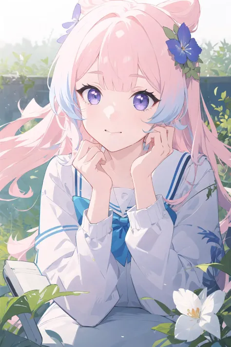 masterpiece,best quality,official art,extremely detailed CG unity 8k wallpaper,
(close-up),
1girl with long white hair sitting in a field of green plants and flowers, her hand under her chin, warm lighting, white dress, blurry foreground,(school uniform:1.5),(black pantyhose:1.3),
sangonomiya kokomi, no pupils, pink hair, bow-shaped hair, purple eyes, bangs, long hair, blunt bangs, multicolored hair, hair ornament, medium breasts, blue hair,
<lora:Sangonomiyakokomi1-000008:0.7>,