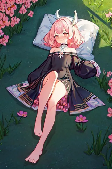 (masterpiece), (best quality), (detailed background, best lighting), ultra-detailed, highly detailed, (((blush))), shy, solo, (happy), (smile), pov navel, barefoot, , <lora:add_detail:0.8>,
<BRAKE>
lying on the grass, (colorful flowers), shadow, sunlight, warm, side lighting,
<BRAKE>
black dress, short sleeve, (off shoulder dress),
(mels), <lora:0_GI_Mels_All_In_One_Rev_SD15_00_002:1>