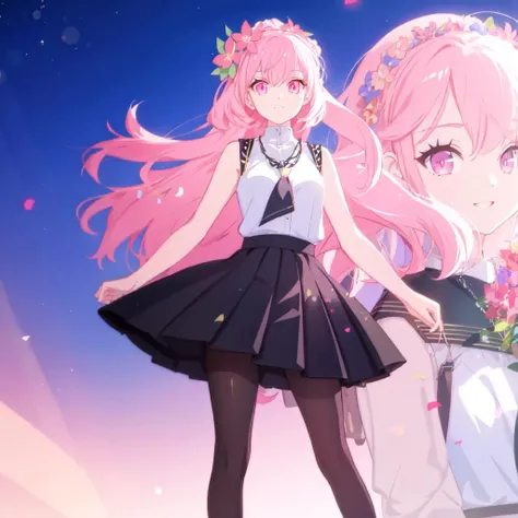 Cute girl, pink eyes, beautiful eyes, big eyes, pink hair, long hair, shiny hair, shirt, sleeveless, bare shoulders, necklace, (black pleated skirt), short skirt, pantyhose, heels, sunglasses on head, hair flower, warm lights, sunlight, back light, high quality, highres, perfect anatomy, detailed eyes, beautiful girl, smile, bokeh
