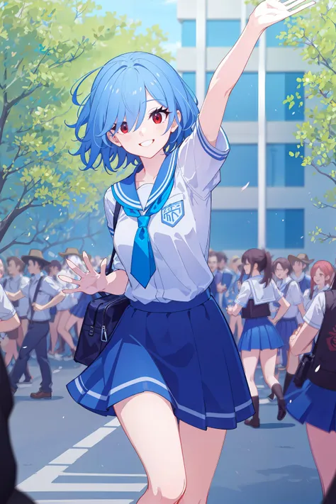 absurdres, 1girl, red eyes, blue hair, long hair, wide-eyed, eyelashes, looking at viewer, medium breasts, head tilt, cowboy shot, hair over one eye, smile, posing, leaning forward, skirt, arm up, waving, arm bag, school uniform, running, trees, blurred background, path, crowd