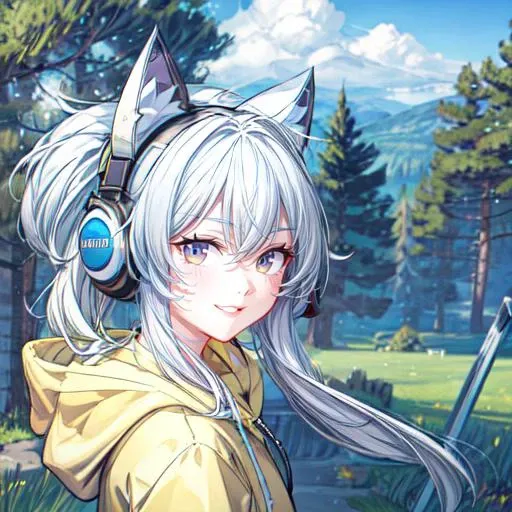 (master piece), cute girl, 8k uhd, extremely detailed, (depth of field:0.6), (vignette:0.7), avatar, white hair, sweet smile, high res (ultra quality:1.2), grassy background ,<lora:add_detail:2>, neko ears, yellow gaming hoodie, black headphones