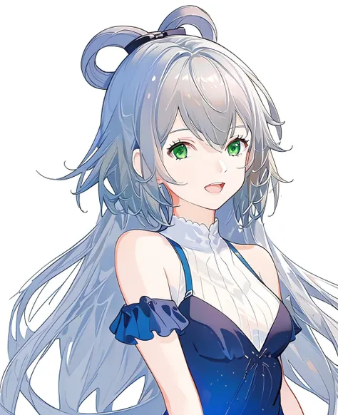 grey hair,upper body, standing ,reaching towards viewer,solo, <lora:洛天依:1>,grey hair, 1girl, blue skirt, (((white background))), looking at viewer, solo focus, green eyes,dress shirt,medium breasts,sleeveless dress, beautifly dress,