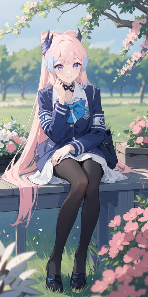 (masterpiece, best quality),1girl with long white hair sitting in a field of green plants and flowers, her hand under her chin, warm lighting, white dress, blurry foreground,(school uniform:1.5),(black pantyhose:1.3),
sangonomiya kokomi, no pupils, pink hair, bow-shaped hair, purple eyes, bangs, long hair, blunt bangs, multicolored hair, hair ornament, medium breasts, blue hair,
<lora:Sangonomiyakokomi1-000008:0.7>