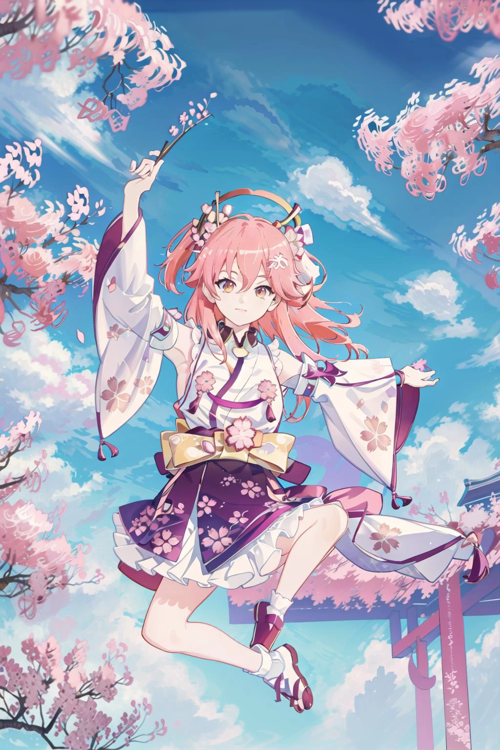best quality, intricate details,
<lora:sakuraMikoHololive_v10:0.8> miko1, sakura miko, miko2, sakura miko, miko3, sakura miko, miko4, sakura miko,
<lora:usoJump_v10:0.8> vjump,jumping, sky