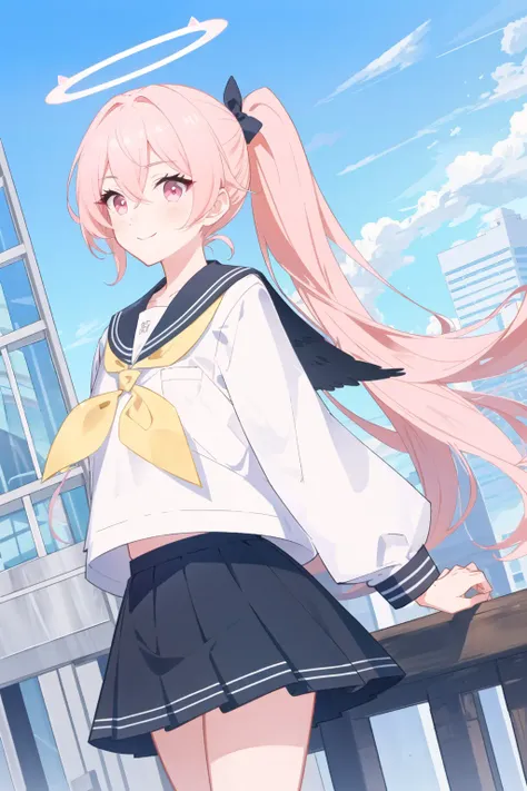 1girl, solo, pink hair, school uniform, skirt, halo, looking at viewer, long hair, ponytail, smile, pleated skirt, pink eyes, serafuku, bangs, sidelocks, hair between eyes, neckerchief, sailor collar, outdoors, wings, yellow neckerchief, blush, long sleeves, pink skirt, head wings, alternate hairstyle, building, closed mouth
