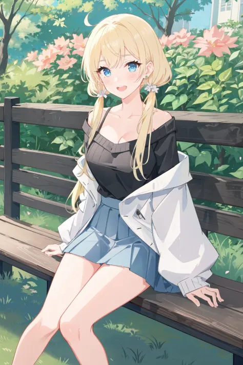 1girl, breasts, skirt, cleavage, solo, blue eyes, sitting, white skirt, bare shoulders, off shoulder, blonde hair, looking at viewer, sweater, earrings, jewelry, pleated skirt, long hair, collarbone, twintails, bangs, flower, large breasts, off-shoulder sweater, long sleeves, bush, shiny skin, blush, low twintails, pink flower, open mouth, thighs, brown sweater, shiny, tree, smile, miniskirt, feet out of frame, plant, outdoors, parted lips, bench, blunt bangs